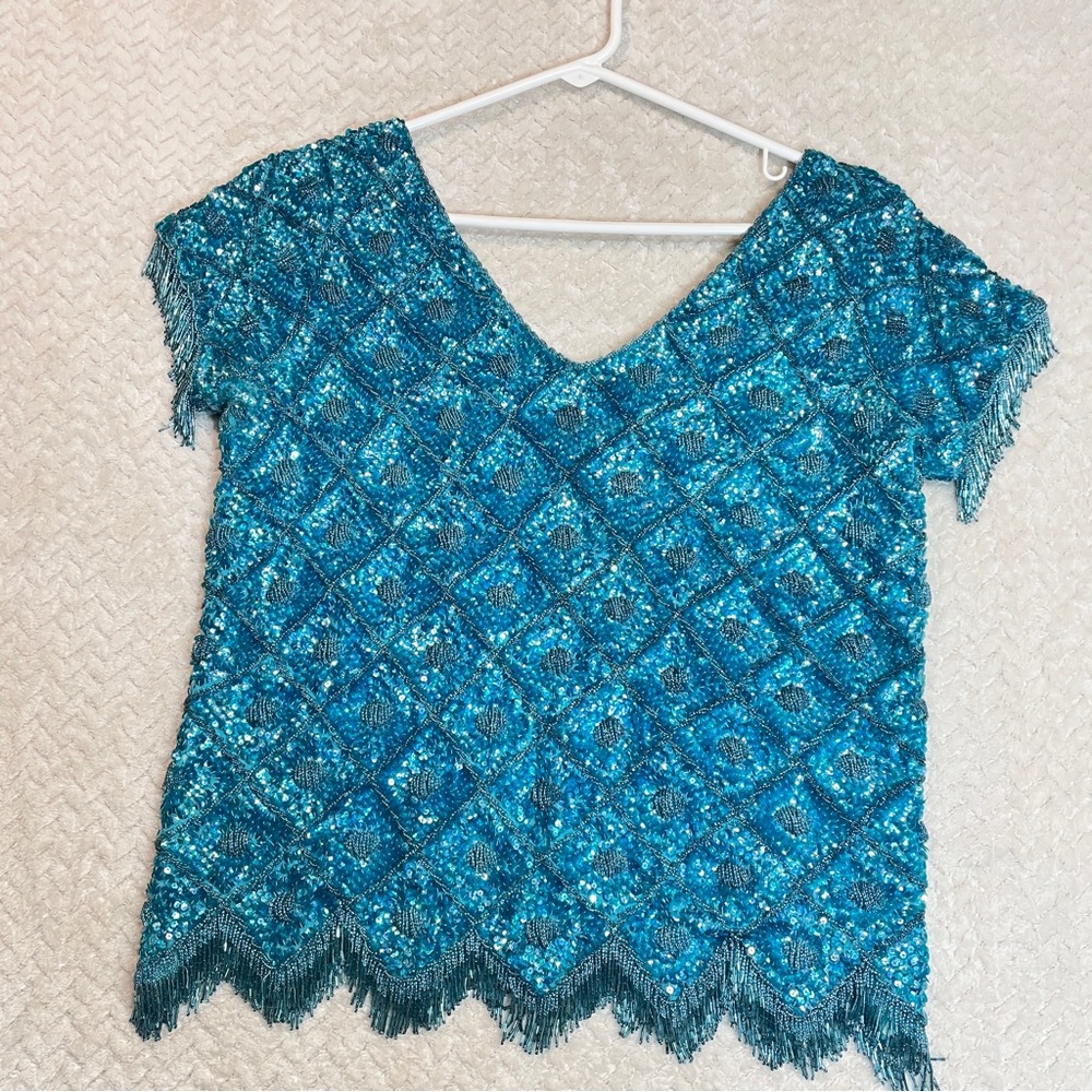 Vintage Unbranded 100%‎ Wool Beaded Sequined Top Small Mermaidcore Retro Glam